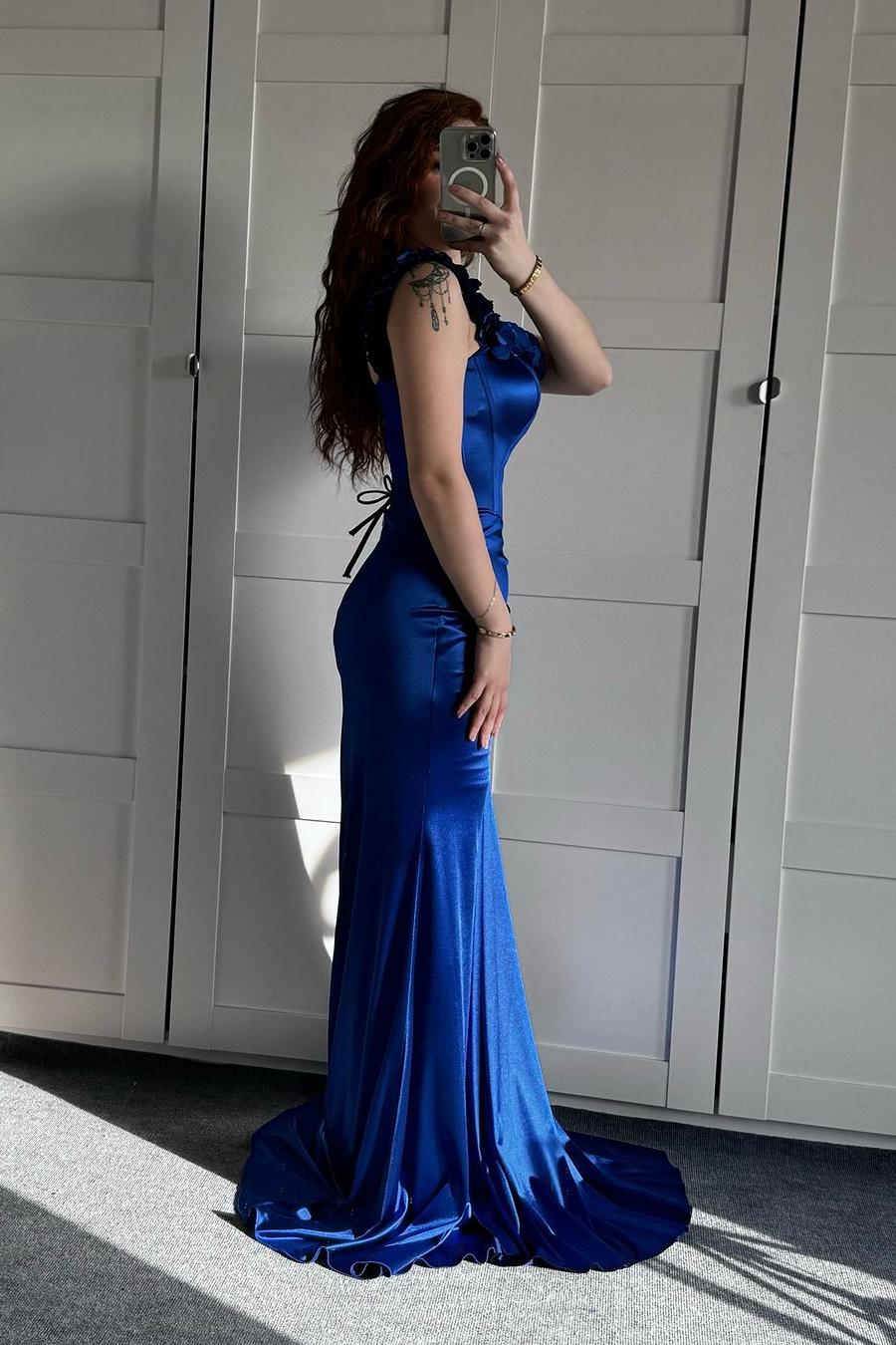 Daisda Stunning Royal Blue Satin Off the Shoulder Sleeveless Long Prom ...