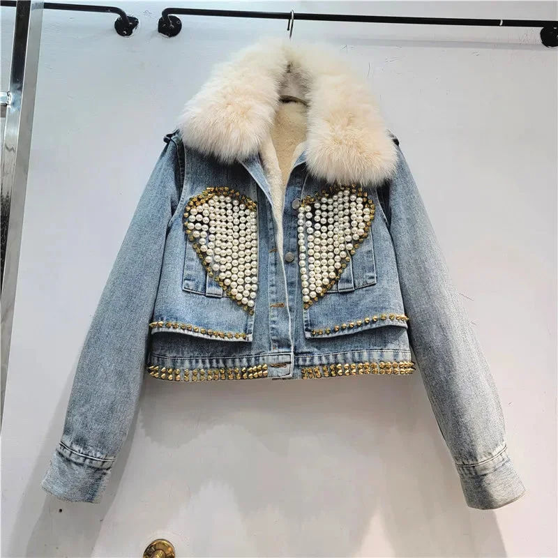 Huibahe Women's Denim Coat Fox Collar Heart Beading Embroidered Flares Rivet Plush Thick Jackets 2024 Summer New Fashion 29L3969