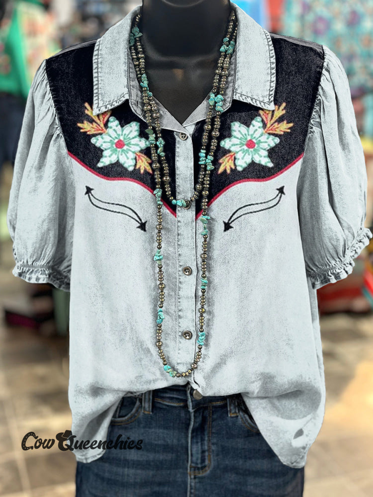Women’s Western Floral Pattern Print Casual Cotton Shirt Multicolor / S