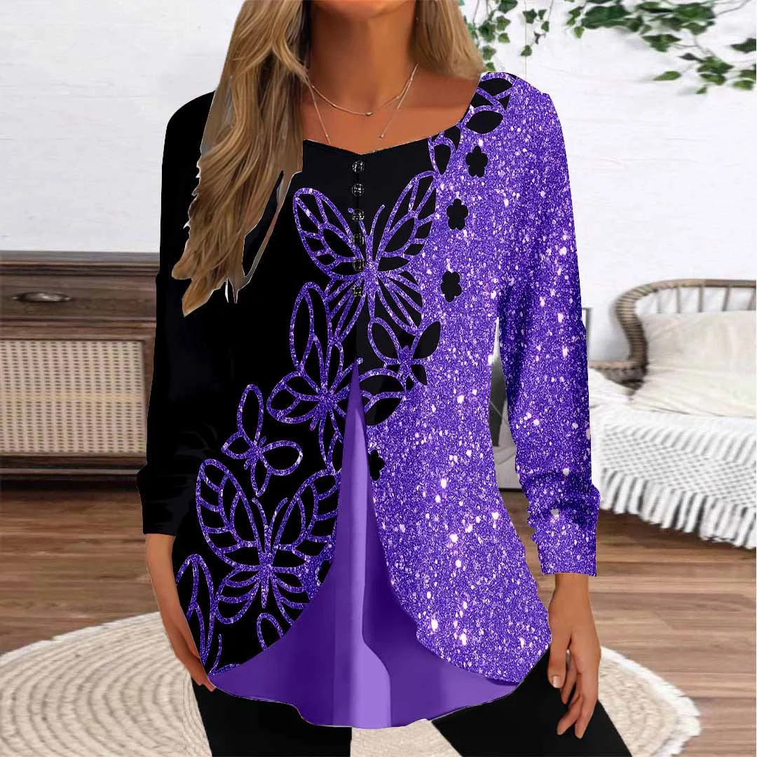 Women Graphic,Purple DZGG8162 Long Sleeve Scoop Neck Printed Graphic Button Fake 2in1 Tops