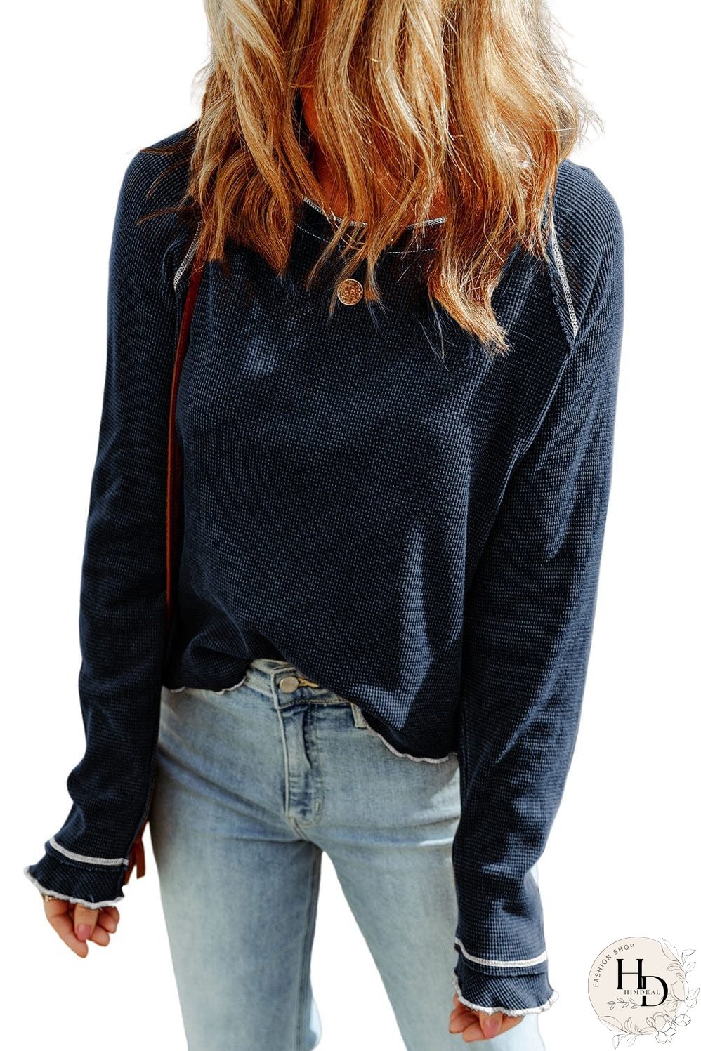 Blue Waffle Knit Casual Long Sleeve Top with Round Neck