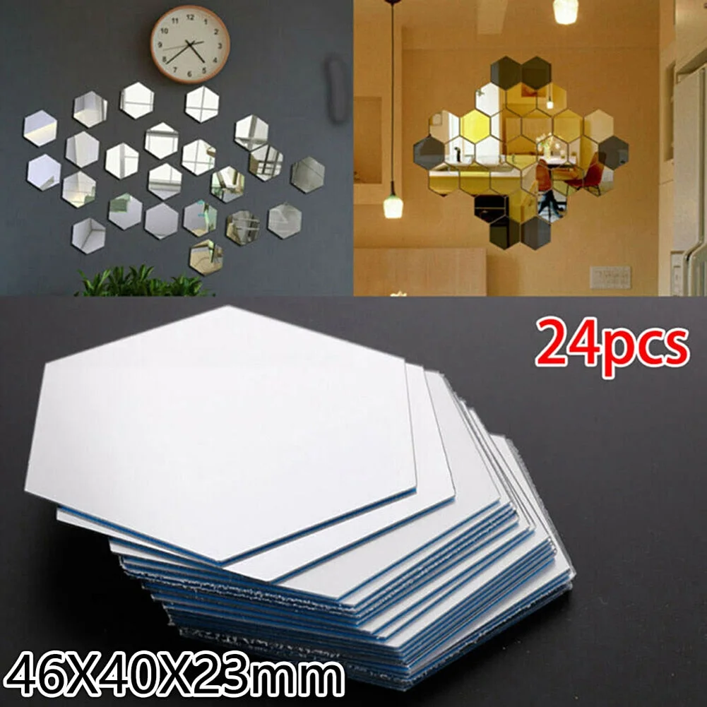 24pcs 3D Mirror Wall Sticker Hexagon Mirror DIY TV Background Bathroom Stickers Wall Decor Bedroom Bathroom Home Decor Mirror