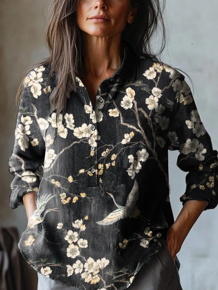 Women's Japanese Classic Flowers And Birds Art Print Casual Cotton And Linen Shirt