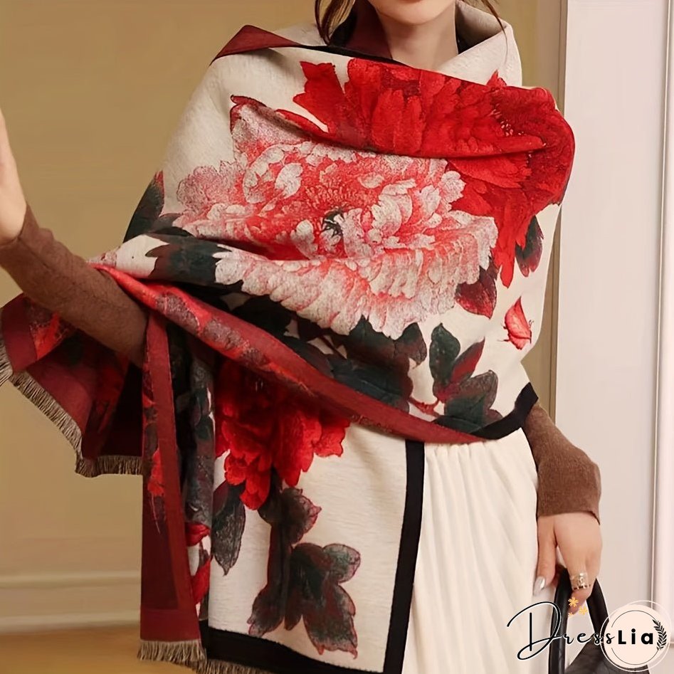 Vintage Floral Pattern Soft Shawl Scarf - Elegant, Warm, Fringe, Windproof, Coldproof, Autumn Winter Essential - Perfect for Outdoor Activities, Casual Wear, and Gift Giving