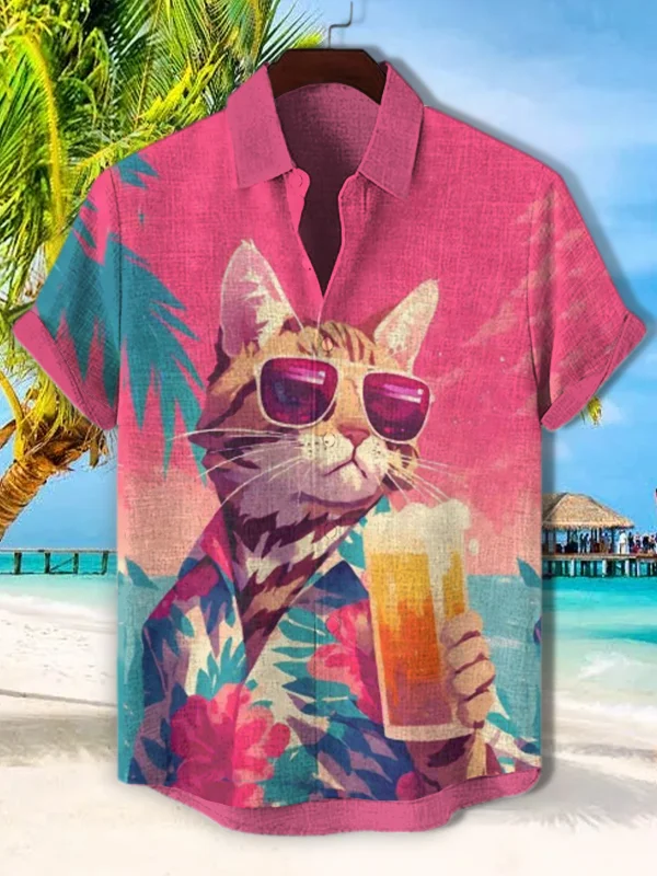Men's Cat Drinking Beer On Vacation Art Print Short Sleeve Shirt