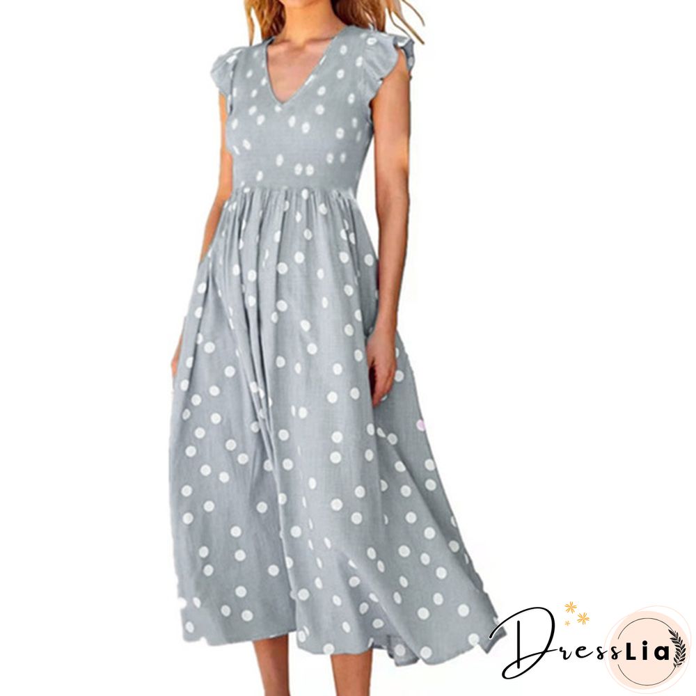 Spring And Summer New European And American Women's Wear V-Neck Large Skirt Wave Dot Printed Dress Women's Long Skirt