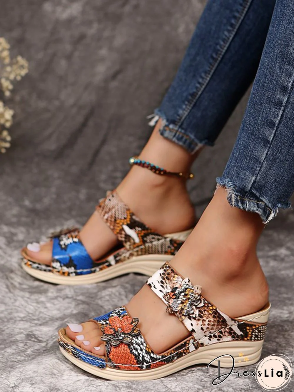 3D Floral Snake Print Wedge Sandals Slippers