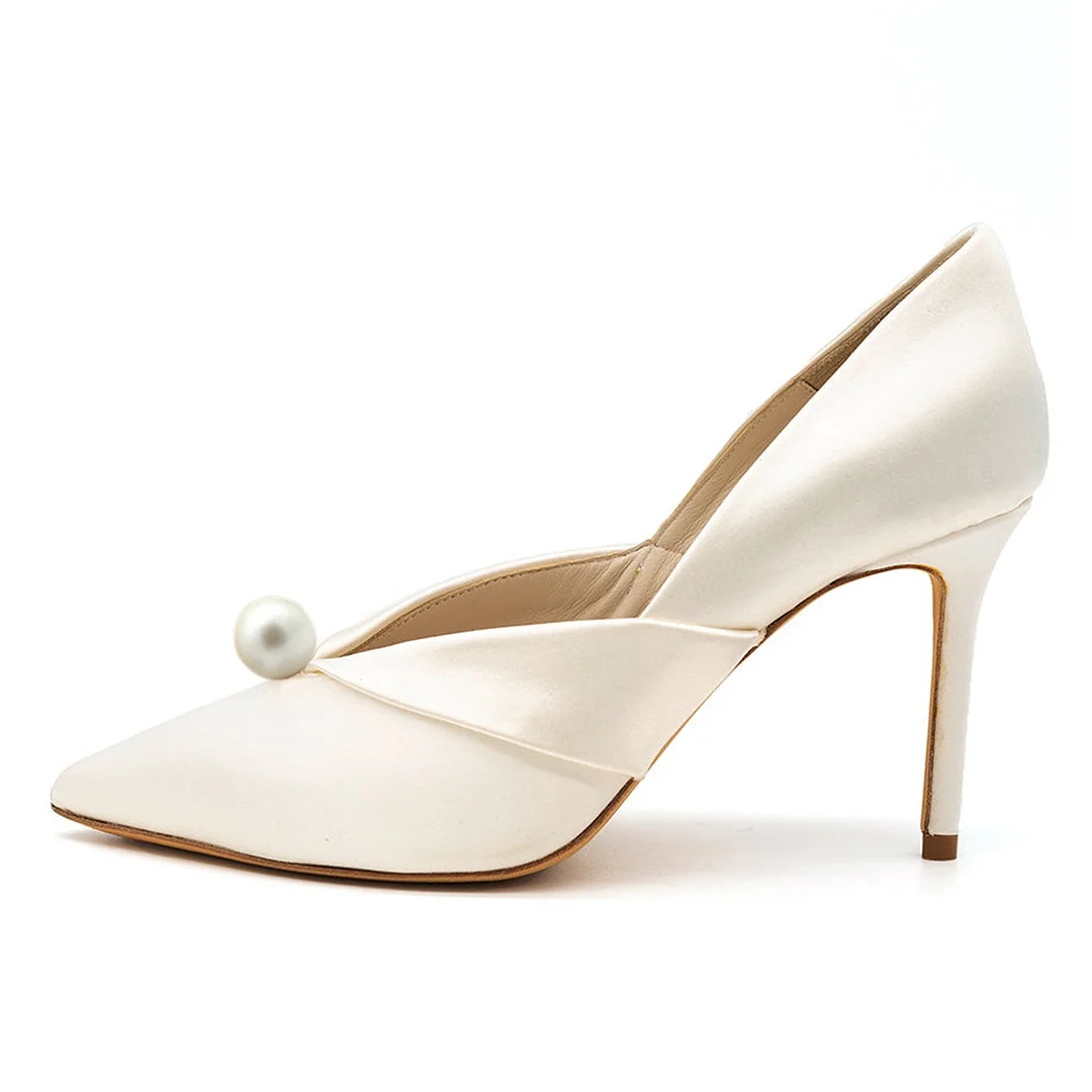 Ivory Pointed Toe Fold-Over Detail Wedding Pumps Heels with Pearl
