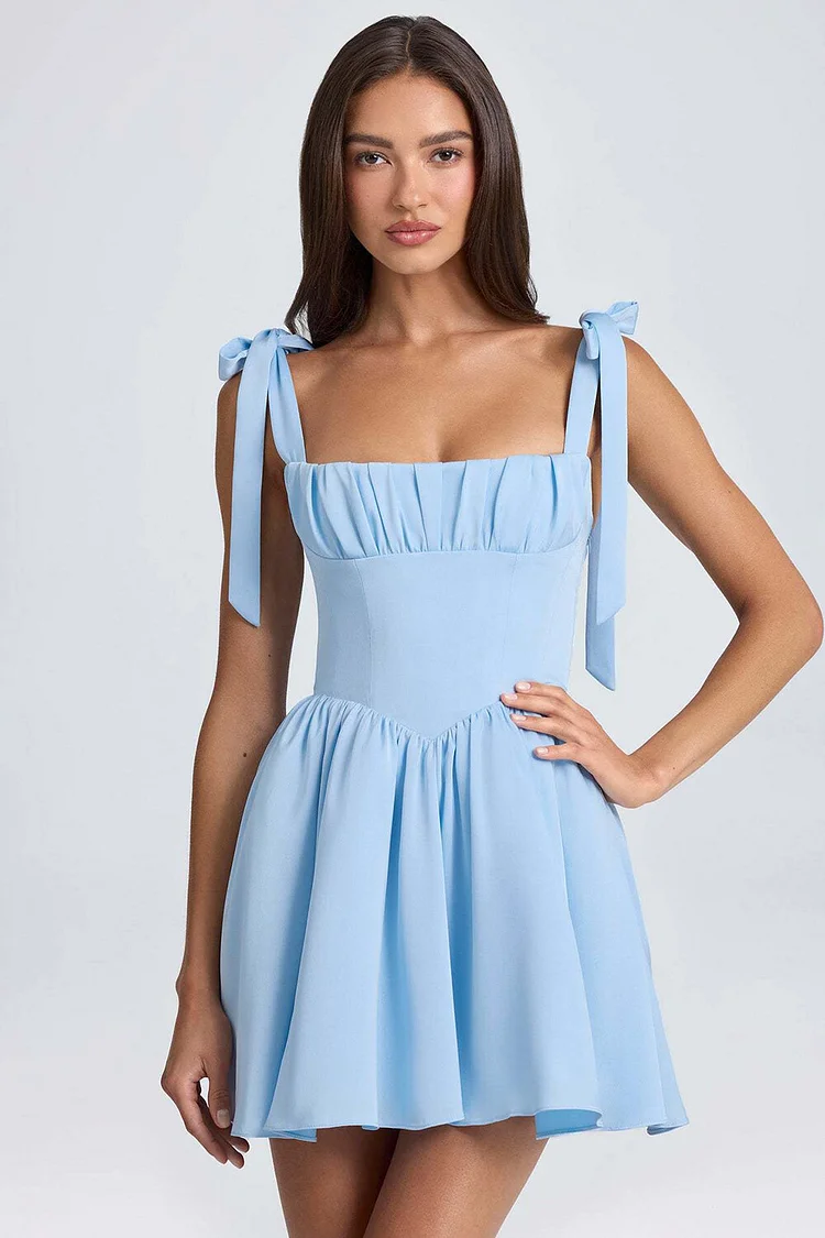 Ditsy Floral Print Cinch Waist Tie Up Shoulder Straps Mini Dresses-OffWhite