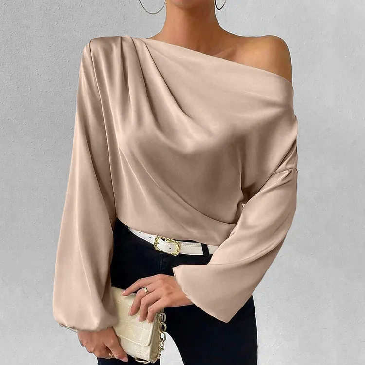 Womens Elegant Draped Skew Neck Long Sleeve Solid Satin Blouse