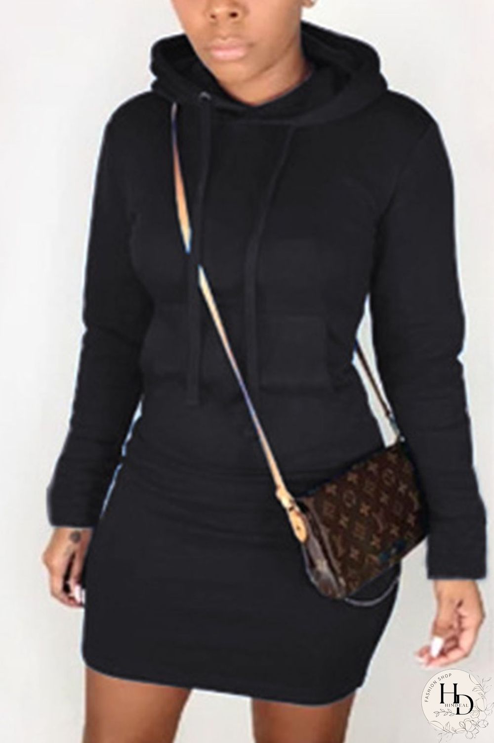 Black Street Cap Sleeve Long Sleeves Hooded Step Skirt Knee-Length Solid