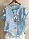 Plus Size Linen Daisy Print Short Sleeve Blouses (Without Necklace)