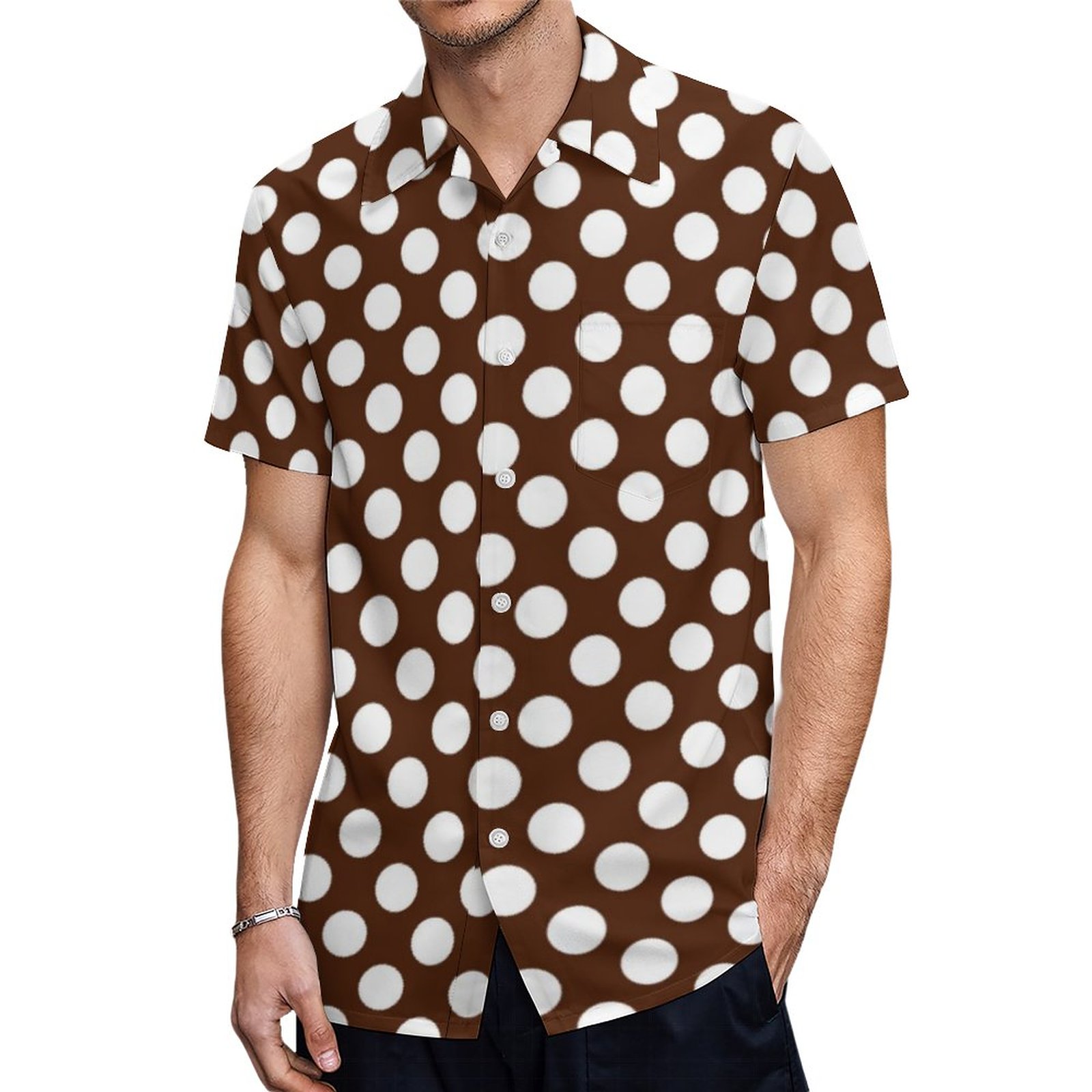 Cute Brown White Polka Dot Pattern Hawaiian Shirt Mens Button Down Plus Size Tropical Hawaii Beach Shirts