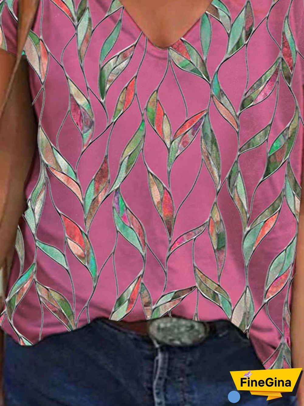 Leaves Short Sleeve Printed Cotton-blend V neck Holiday Summer Pink Top