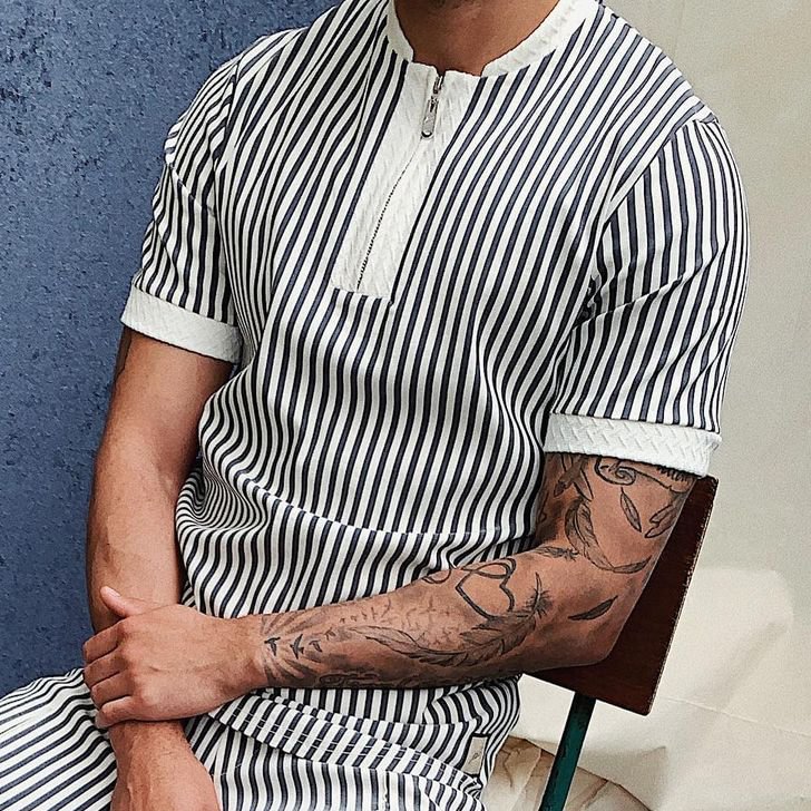 Striped Zipped Polo Shirt、、URBENIE