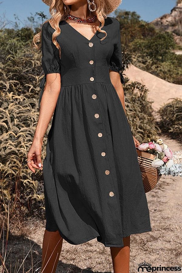 Short-sleeved v-neck solid color cotton and linen dress