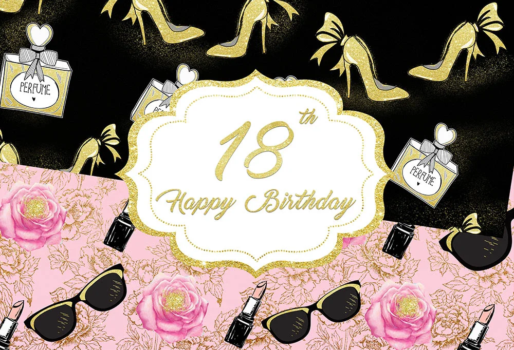 Girl 18th With Pink Rose Gold High Heels And Cosmetic Happy Birthday Backdrop RedBirdParty