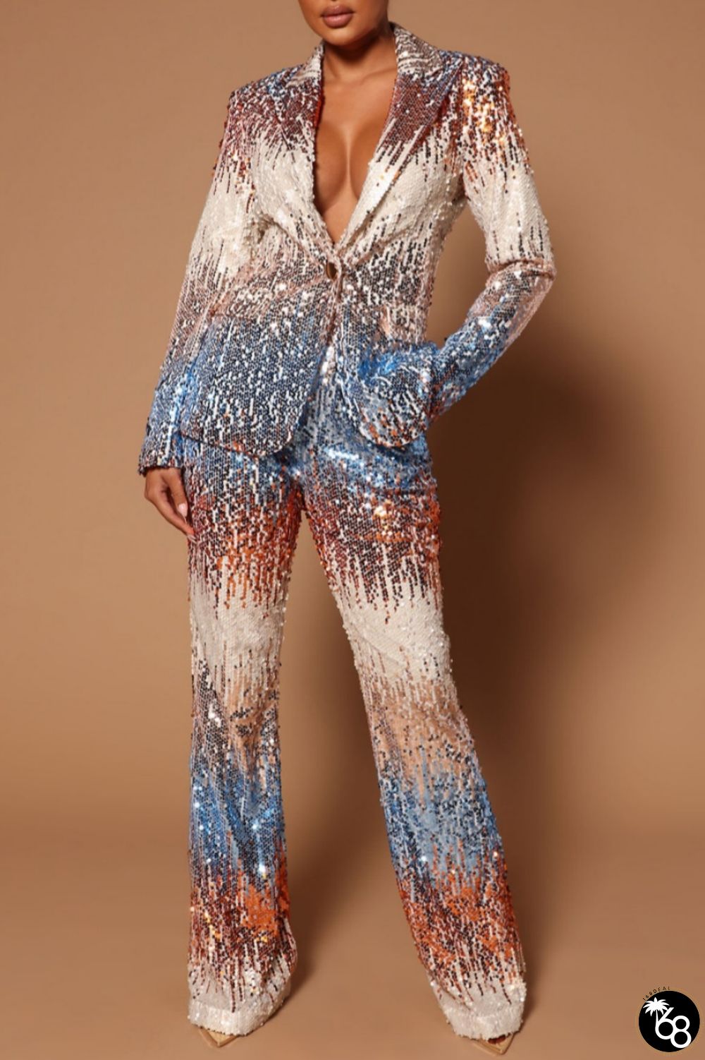 Casual Patchwork Sequins Turn-back Collar Long Sleeve Two Pieces | 168DEAL