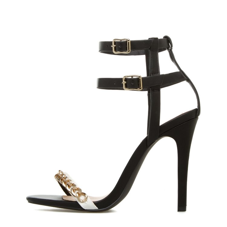 Black Open Toe Stiletto Heels Ankle Strap Sandals with Chains |FSJ Shoes