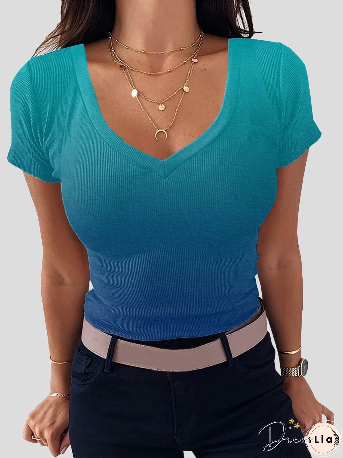 Women's T-Shirts Gradient V-Neck Slim Short-Sleeve T-Shirt