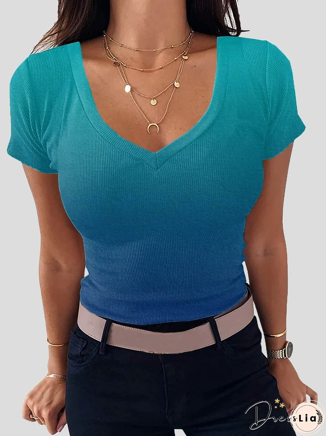 Women's T-Shirts Gradient V-Neck Slim Short-Sleeve T-Shirt
