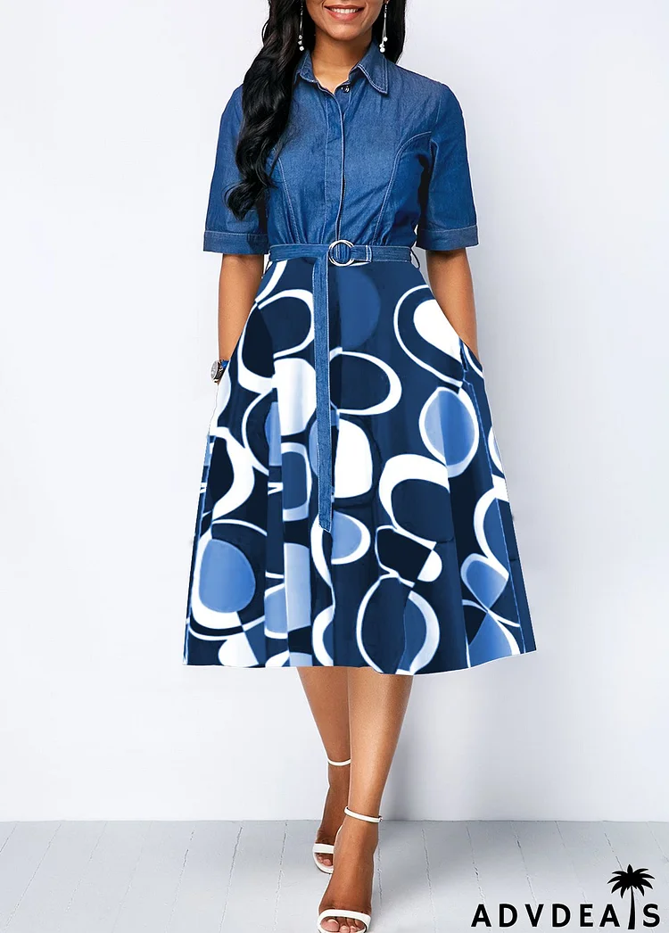 Denim Blue Circular Ring Geometric Print Belted Dress