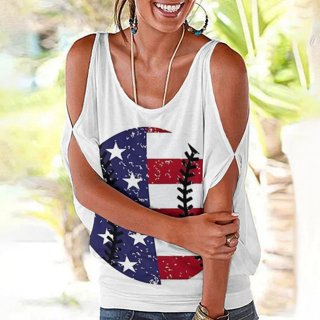 Shoulder Off  Loose Short Sleeve Casual T-shirt for Women Printed with Pattern USA, Independence Day, Star, Striped, Blue, Red