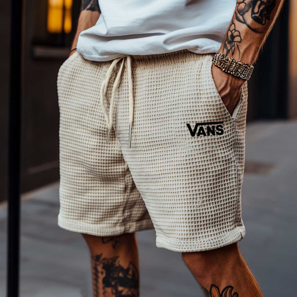 Men's Vintage Waffle Knit Beige Elastic Drawstring Board Surf Shorts
