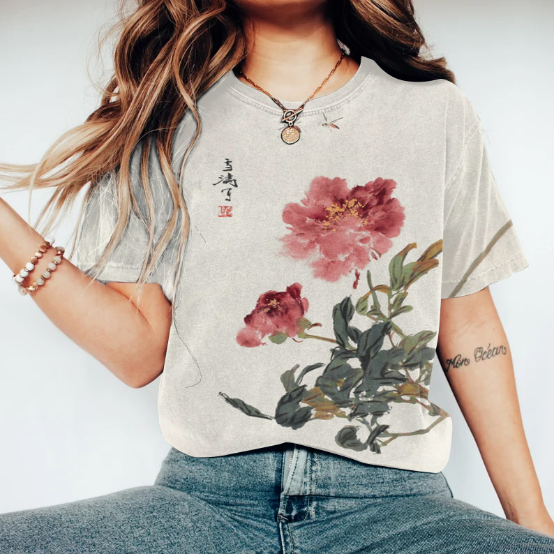 Comstylish Vintage Japanese Ink Flower Calligraphy Art Print Cotton T-Shirt