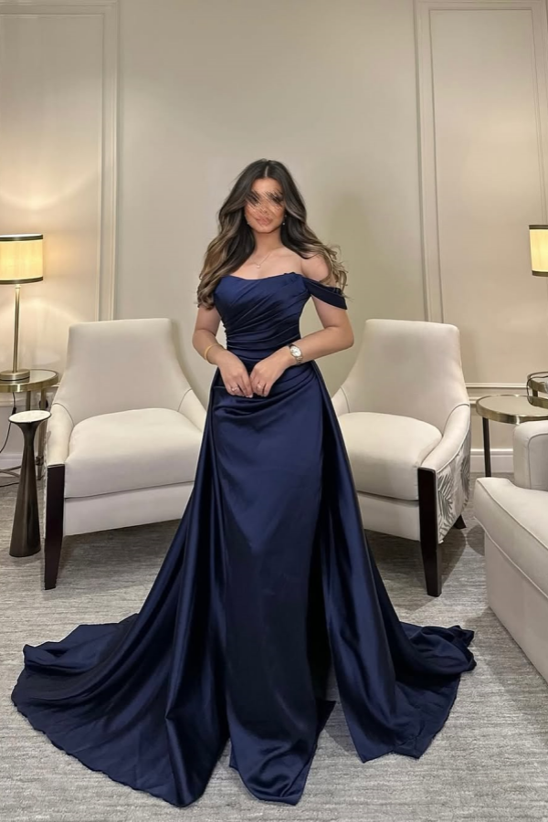 Lussooy Dark Navy Off-The-Shoulder Long Train Prom Dress  