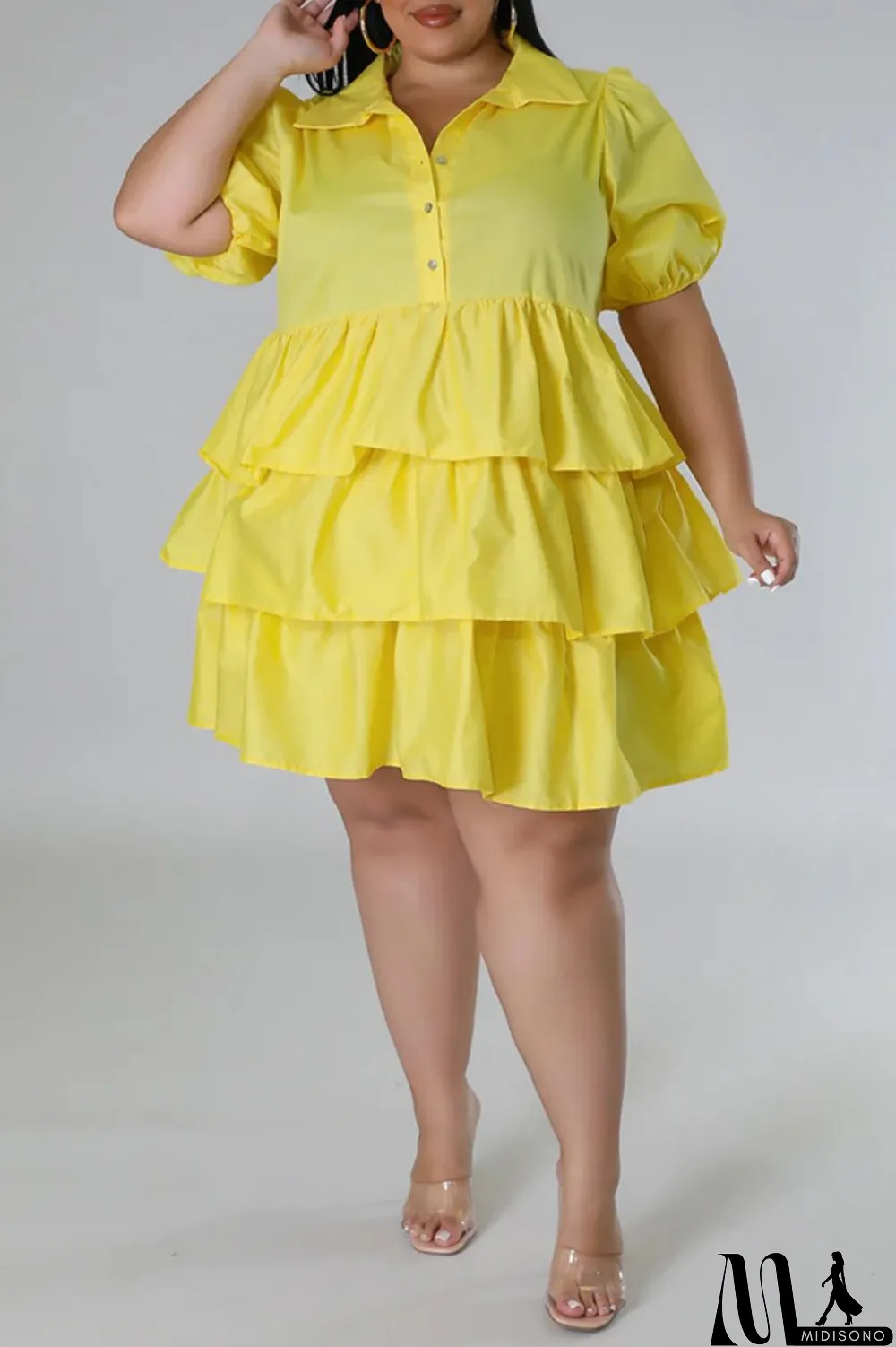 MidiSono - Light Blue Casual Solid Patchwork Turndown Collar Cake Skirt Plus Size Dresses