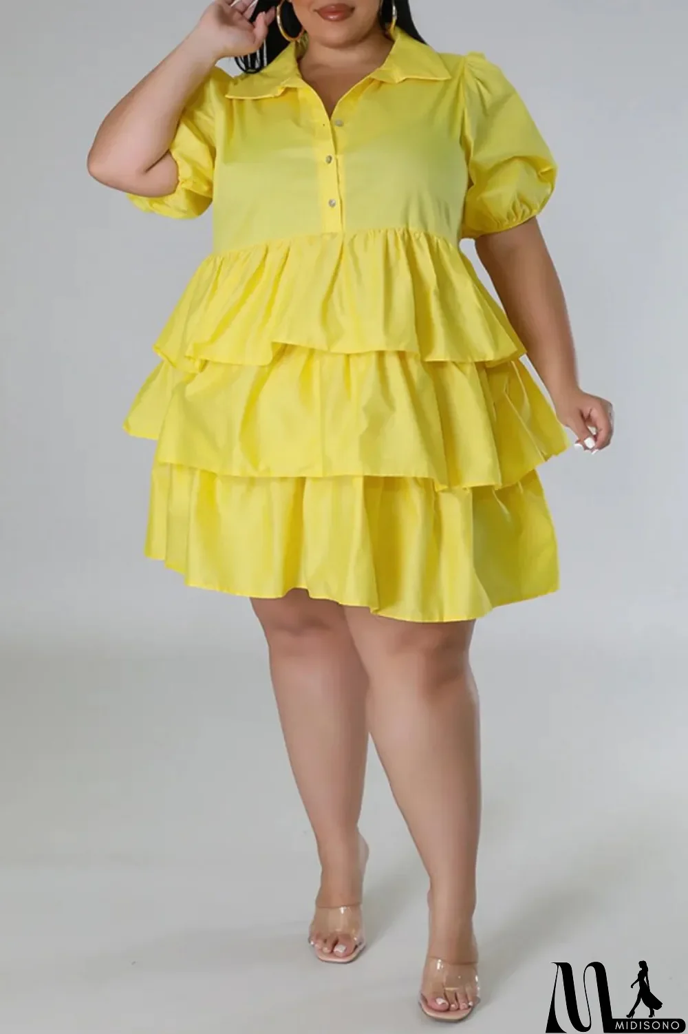 MidiSono - Light Blue Casual Solid Patchwork Turndown Collar Cake Skirt Plus Size Dresses