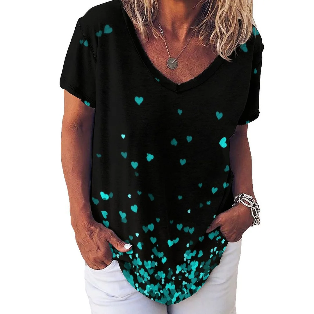V-neck Short Sleeve Casual T-shirt for  Women Printed with Pattern Turquoise, Herat, Green, Black