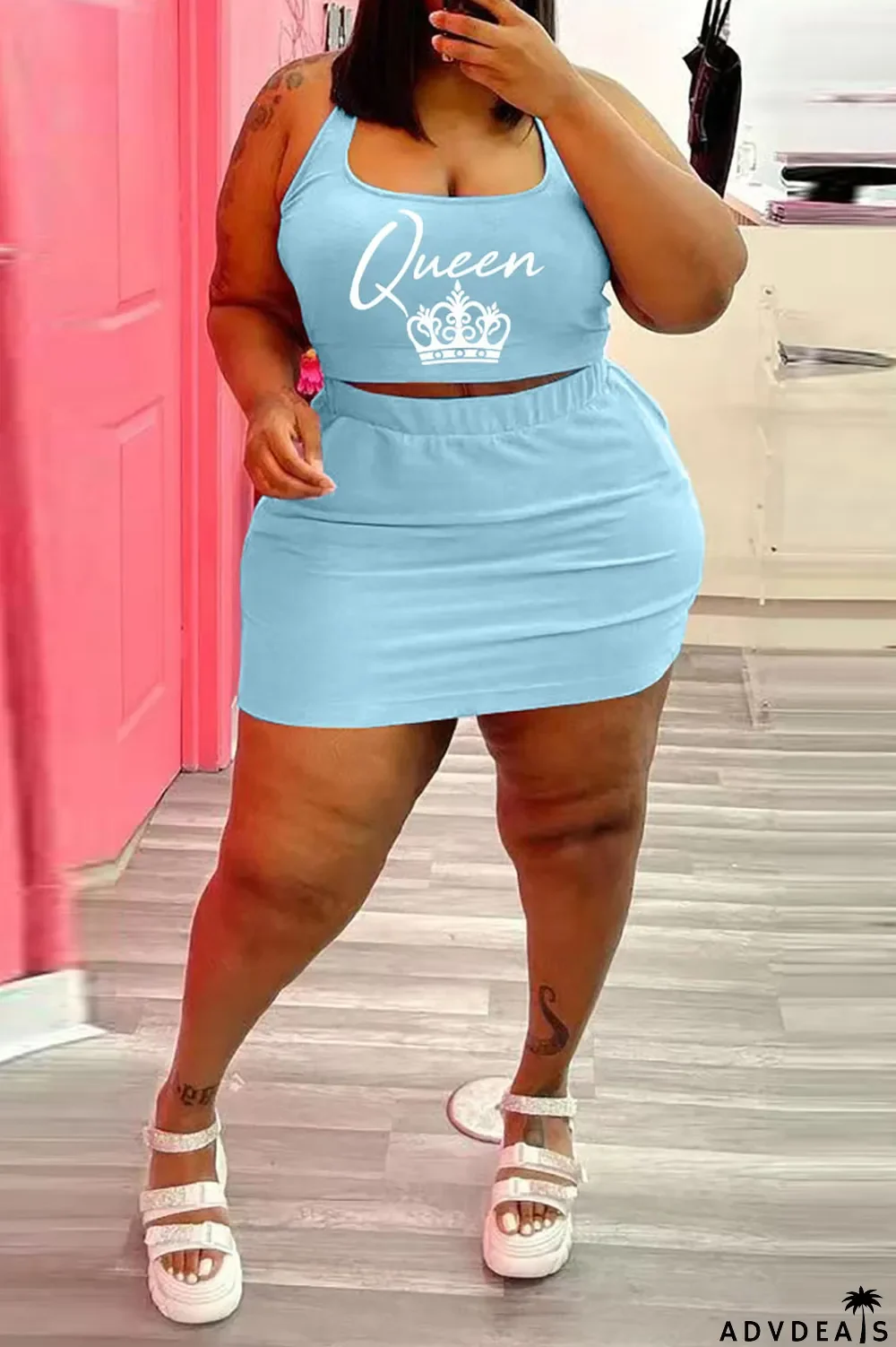 Blue Casual Print Split Joint U Neck Sleeveless Two Pieces