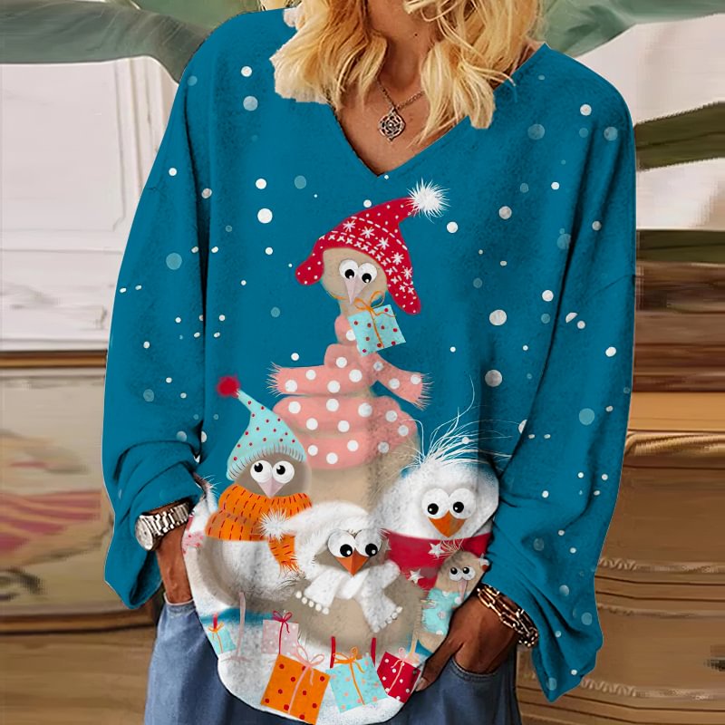 Womens Lovely Animals Patterns Blue Long Sleeves Blouse