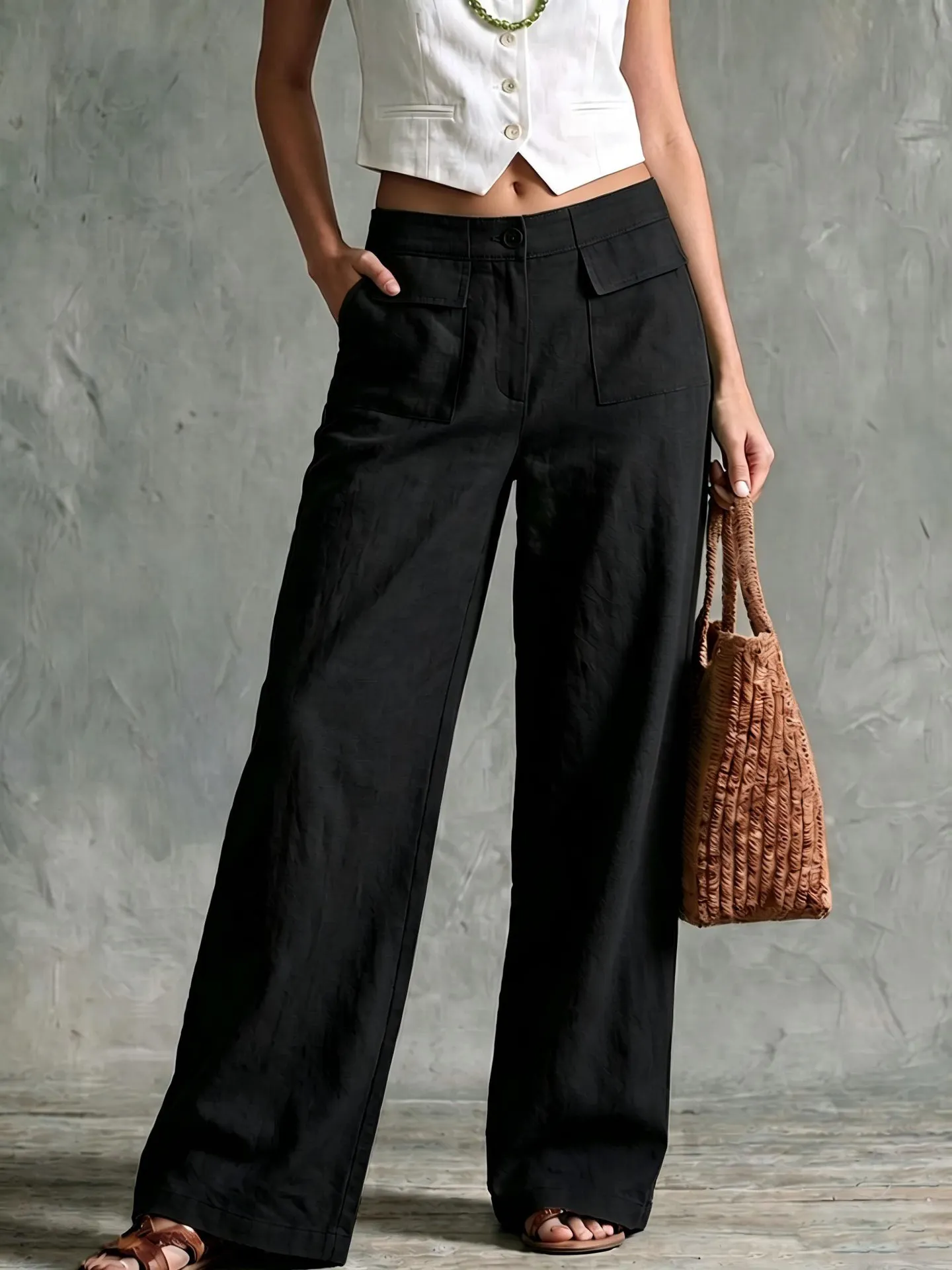 Women's High Waist Patch Pocket Straight Leg Casual Long Trousers