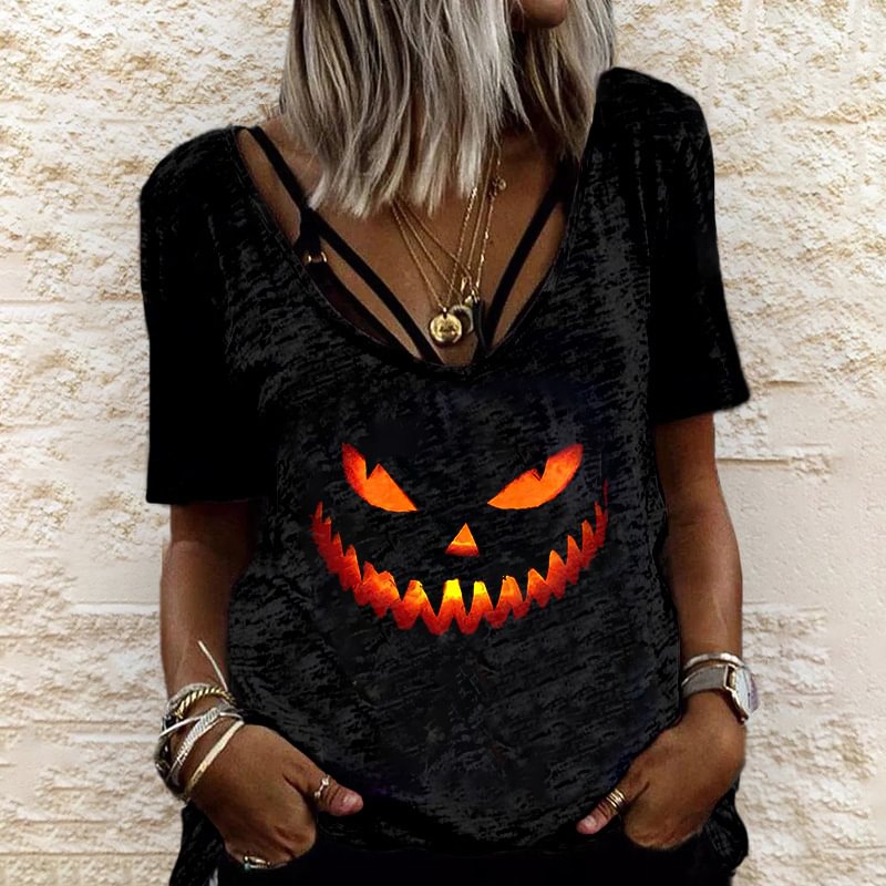 Evil Pumpkin Smiley Print V-neck Loose T-shirt Designer
