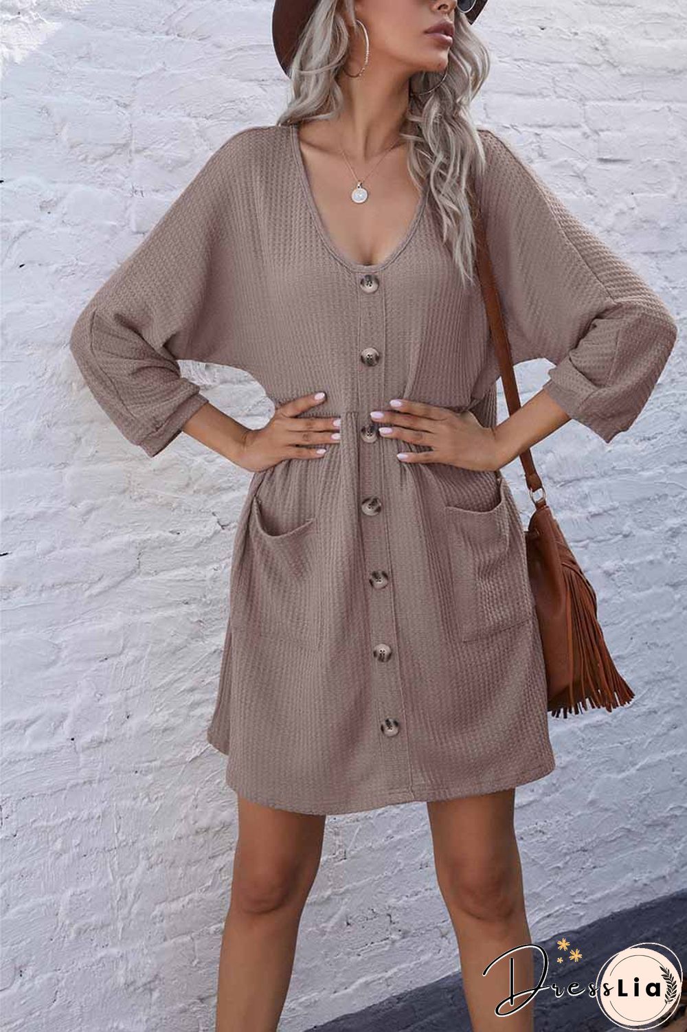 V-Neck Buttoned Loose Knit Hem Mini Dresses