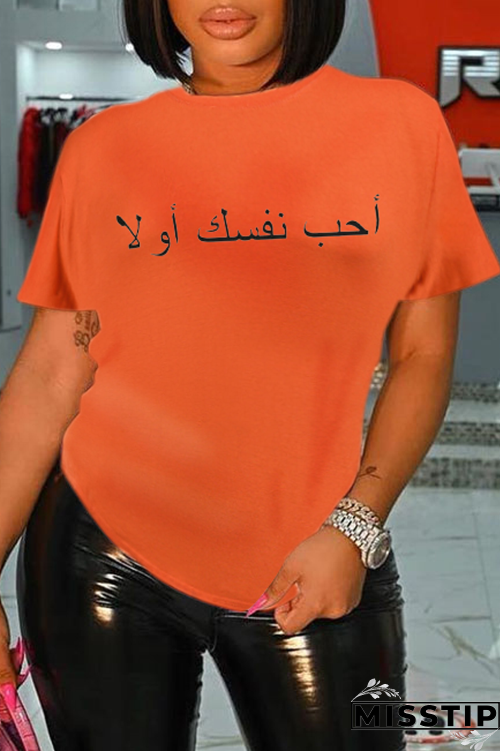 Orange Casual Daily Print Patchwork O Neck T-Shirts
