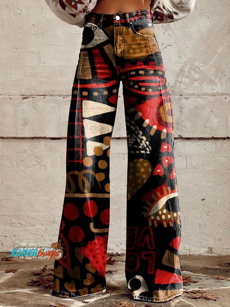 Women’s Vintage Print Casual Wide Leg Pants Multicolor / S