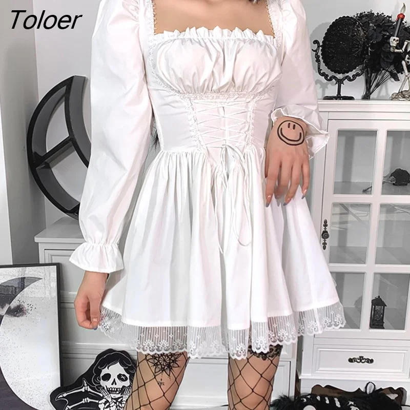 Toloer Goth Bandage Harajuku White Lolita Kwaii Dresses Black Women Sexy Mini Dress Gothic Lace Puff Sleeves Bodycon Partywear