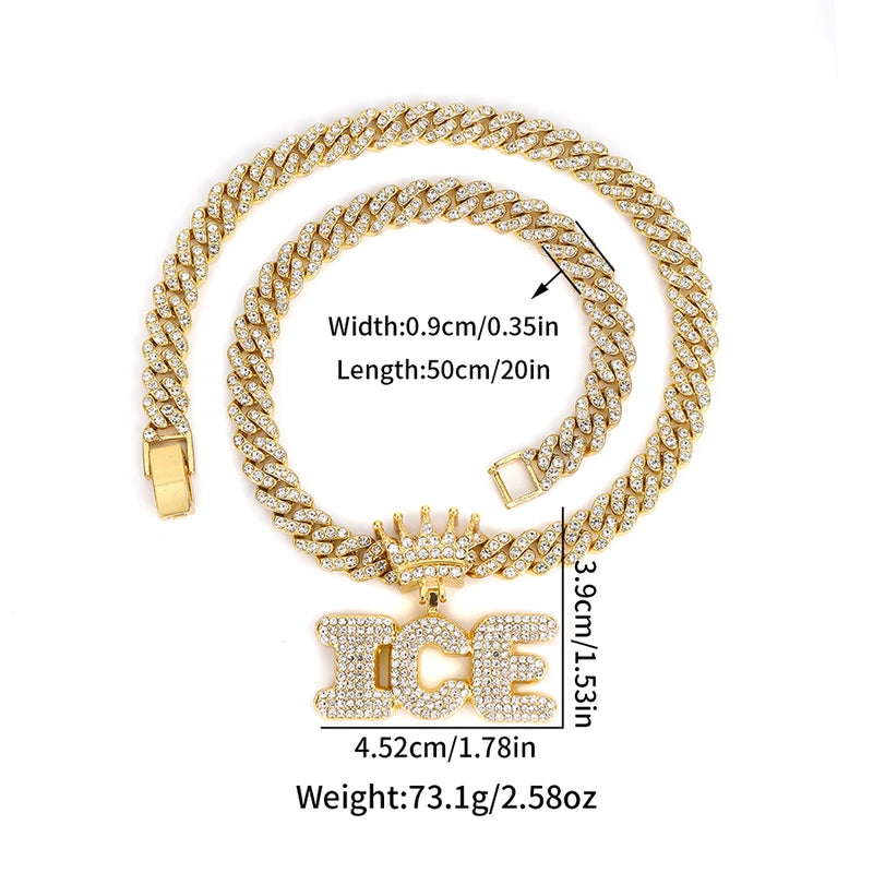 1PC New Arrival Gold Jewelry Man Silver Plated Color Letter ICE Charm Necklace Bling Bling Hip Hop Crown Design Jewelry With Cuban LInk Chain