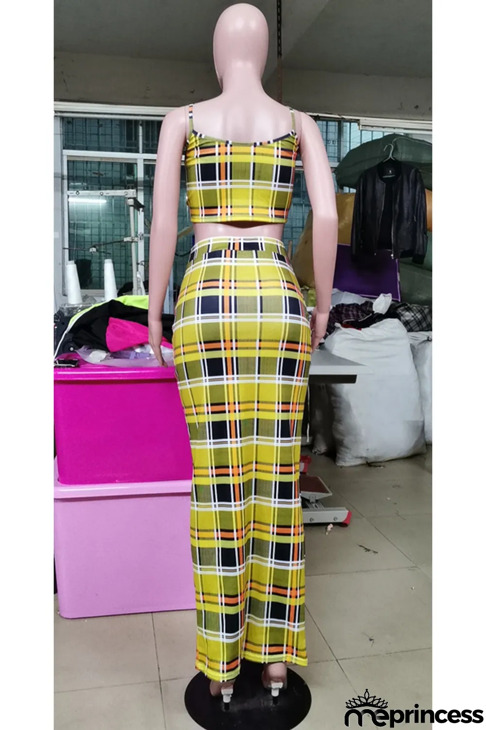 Blue Sexy Plaid Print pencil Sleeveless Two Pieces