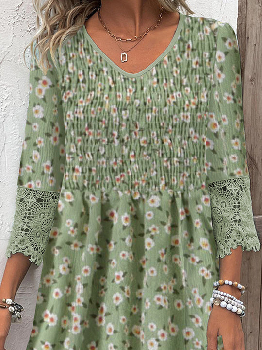 Women's 3/4 Sleeve V-neck Graphic Floral Printed Lace Midi Dress