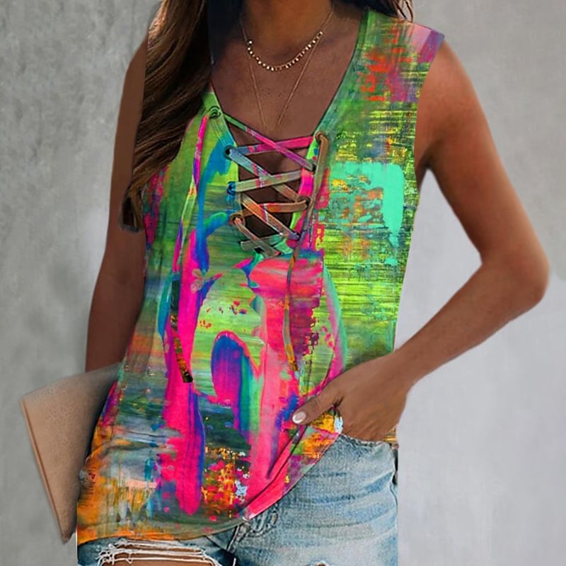 Tie-dye Painting Lace-up Printed Women's Vest