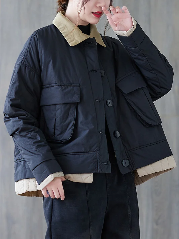 Casual Roomy Contrast Color Lapel Collar Padded Coat