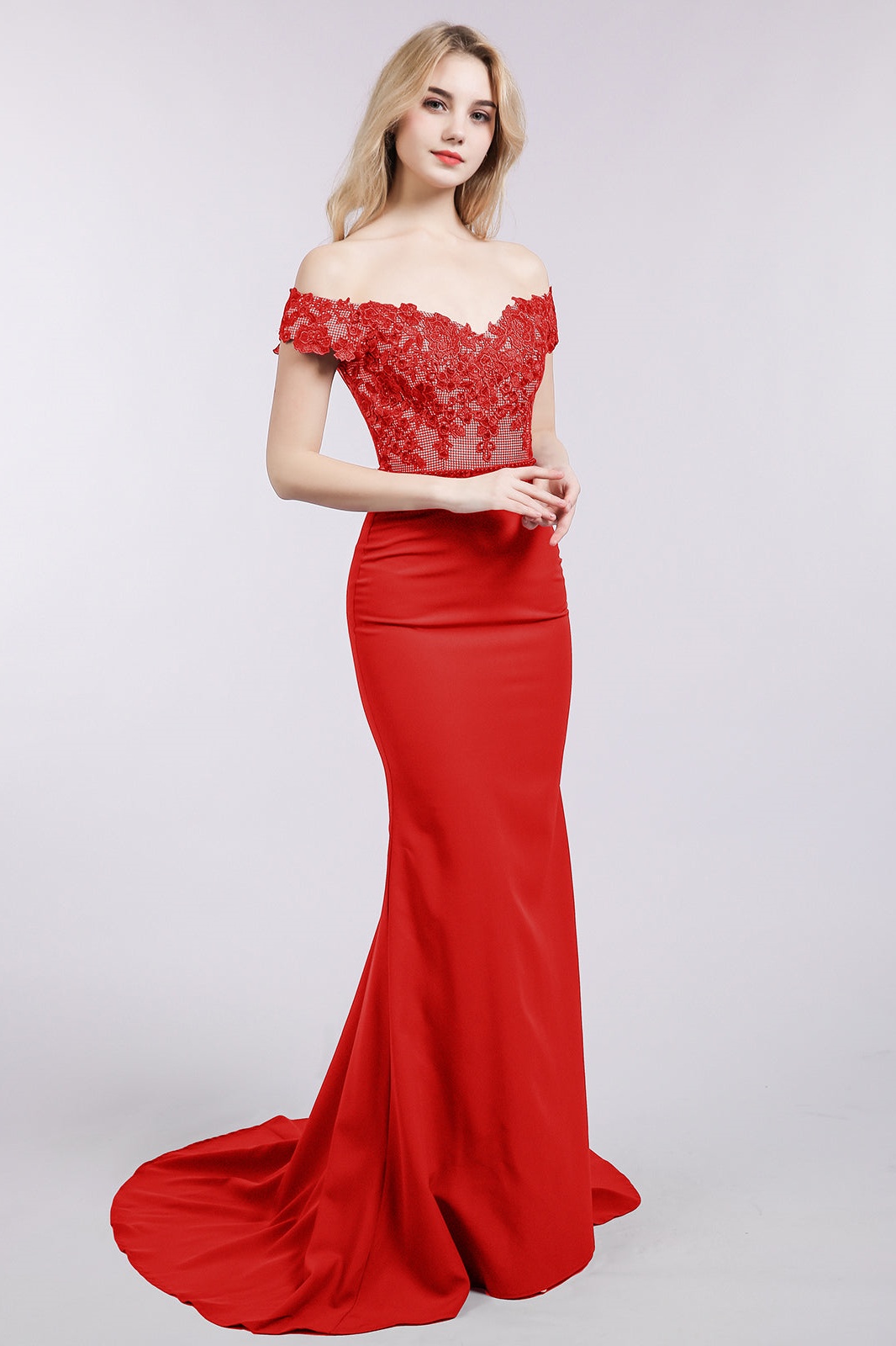 Ovlias Breathtaking Red Off-the-shoulder Applique Slimming Mermaid Prom Dress LY0533