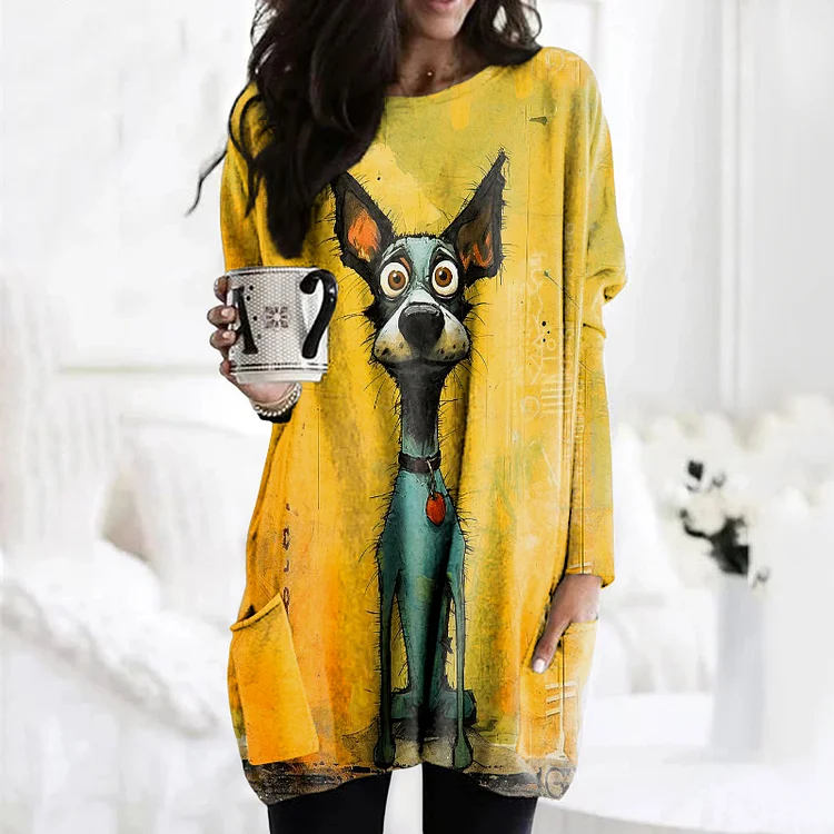 Art Dog Print Rundhals-Tunika mit langen Ärmeln und Taschen