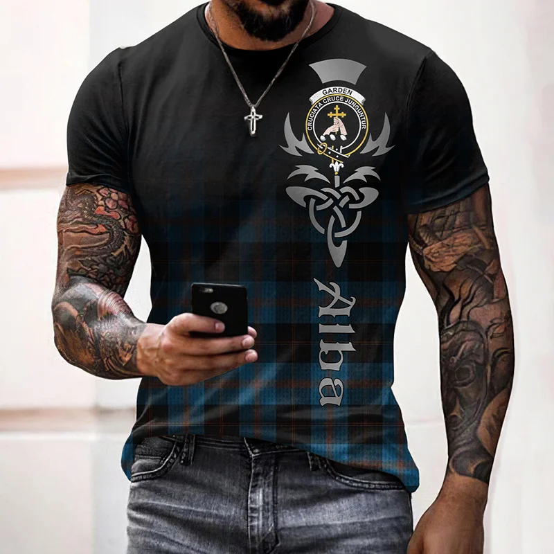 Scottish Plaid Gradient Print Short Sleeved Casual T-Shirt