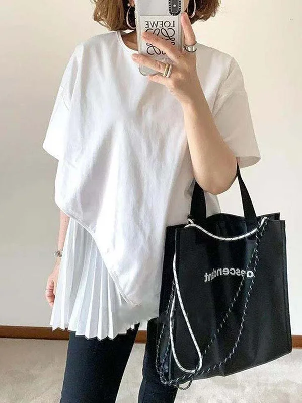 White Pleated Split-Joint Loose Short Sleeve T-Shirts